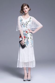 V-Neck Floral Embroidered Lace Dress




 Size(cm)


  Length


 Bust


  Waist


 Shoulder 


 Sleeve




 S 


 -


 -


 -


 -


 -




 M


 126


 86


 74


 36


 20




 L


127


 90


 78


 37


 21




 XL


 128


 94


 82


 38


 22




 2XL


 129


 98


 86


 39


 23




      




 Size(inch)


   Length


  Bust


   Waist


 Shoulder 


 Sleeve




 S


 -


 -


 -


 -


 -




 M


 49.61


 33.86 


 29.13 


  14.17 


 7.87




 L


 50.00


 35.43


 30.71 


 14. Summer V-neck Midi Dress With Embroidered Hem, Spring Floral Embroidered V-neck Midi Dress, Spring Floral Embroidery V-neck Midi Dress, Elegant Spring Maxi Dress With Embroidered Hem, White Embroidered Lace Dress With Short Sleeves, V-neck Floral Embroidery Lace Maxi Dress, Short Sleeve Embroidered Lace Dress, V-neck Lace Maxi Dress With Floral Embroidery, Embroidered Short Sleeve Lace Dress