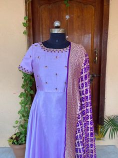 Hand embroidered yellow Anarkali with purple banarasi bandhej dupatta / anarkali suit set / anarkali dupatta USA / khaddi georgette dupatta / Indian dresses/ voggish / lavender  anarkali dress          Looking for a perfect indian dress/anarkali/suit sets that are trendy, unique and easy to carry !! yess, You are at the right place. we carry such versatile pieces of anarkalis and suit sets that really let you stand out in any occassion !!      featuring this beautiful pure chanderi dress in ligh Purple Long Frocks, Lavender Purple Dress, Bandhani Dress Pattern, Indian Dresses Anarkali, Designer Anarkali Dresses, Stylish Kurtis Design, Long Frock Designs, Latest Model Blouse Designs, Long Gown Design