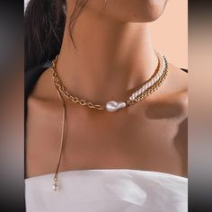 This Unique Piece Is A Wonderful Addition To Your Wardrobe And Your Style; Sure To Get Lots Of Compliments! Grwmh600100mnff White Double Chain Jewelry For Party, Elegant White Dangle Chain Necklace, White Lariat Pearl Chain Necklace, White Beaded Chain Choker Necklace, Elegant White Chain Necklace With Adjustable Chain, Elegant White Chain Choker Necklace, Elegant White Adjustable Chain Necklace, White Adjustable Chain Necklace, Chic White Long Chain Necklace