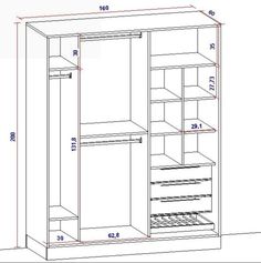 the measurements for an armoire with drawers and shelves