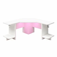 a white desk with two shelves and a pink light on the top, against a white background