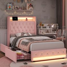 a bedroom with pink furniture and lights on the headboard is lit up at night