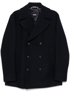 navy blue recycled wool blend twill weave double-breasted button fastening notched lapels long sleeves two side welt pockets logo-jacquard lining straight hem Boss Coat, Upcycled Materials, Twill Weave, Balenciaga Triple S, Coat Outfits, Dress Watch, Double Breasted Coat, Sweaters Knitwear, Mens Outerwear