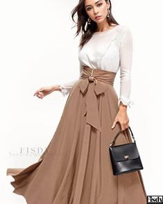 Fisdy - Sophisticated High-Waisted Skirt with Front-Tie and Pleated Detail - Timeless Length Polyester Skirt, Skirt Skirt, Color Fabric, Pleated Mini Skirt, Types Of Skirts, A Line Skirt, Timeless Classic, Skirt Length, Long Skirt