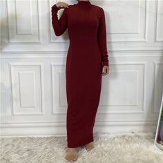 This knitted sweater dress is perfect to style with any one of our open abayas or wear on its own as a classic sweater dress. A must have for any Modest Wardrobe! A bodycon fit with round neckline, and long sleeves. Maroon Sweater Dress, Traditional Festival, Modest Wardrobe, Maxi Dresses For Women, Maroon Sweater, Muslim Dress, Muslim Outfits, Classic Sweater, Abaya Dress