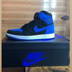 Nike Jordan 1’s Retro High Black/ Royal Blue/ White Material Is Suede Size 4y Brand New Never Been Worn Cheap Blue Sneakers For Sports, Cheap Blue Sports Sneakers, Jordan 1s Royal Toe, Shoes Jordan Saids Uno, Royal Blue Nike Sneakers, Air Jordan 11 Retro Navy Blue, Nike Blue Air Jordans, Cheap Jordan Shoes Wethenew, Air Jordan 1 Low Azul