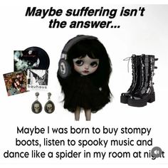 a poster with an image of a doll, headphones and other items on it