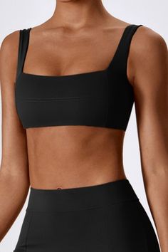 STYLED BY ALX COUTURE MIAMI BOUTIQUE Black Samara Square-Neck Sports Bra Sleek Activewear With Built-in Bra For Gym, Sleek Gym Activewear With Built-in Bra, Sleek Activewear With Built-in Bra For Sports, Sleek Nylon Activewear For Sports, Sleek Nylon Sports Activewear, Modern Fitted Sports Bra For Workout, Cropped Sports Bra For Workout, Sculpting Sporty Sports Bra, Solid Sculpting Sports Bra