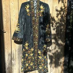 Elegance Galore!!! Soft Deep Ocean Blue Velvet Open Front Kaftan (Kimono) With Gorgeous Rich Embroidery In Gold, Copper, Olive, Brown And Burnt Orange. Dark Gray Silky Lining. Side Pockets. Available In Size Xs (2-4 About 19” Pit To Pit) And Xl (16-18 About 24” Pit To Pit. Approximately 46” Long. New With Tags From Sundance. Silk Kaftan With Intricate Embroidery For Party, Bohemian Evening Dress With Resham Embroidery, Fitted Bohemian Embroidered Embellished Dress, Bohemian Fitted Embroidered Dress, Fitted Bohemian Embellished Embroidered Dress, Festive Evening Kaftan With Floral Embroidery, Festive Embroidered Dress With Kimono Sleeves, Spring Evening Embroidered Kaftan, Festive Embroidered Dresses With Kimono Sleeves