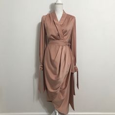 C/Meo Collective Long Sleeve Wrap Dress In Dusty Pink Featuring Elegant Draping And Long Ties At Each Sleeve. About This Closet: Each Item Is From My Current, Personal Wardrobe And Is Well Cared For, Cherished And Gently Pre-Loved! The Price Listed Is The Lowest Price I'm Willing To Give It Up For. For This Reason, I Do Not Consider Offers. If You Love It, Click Buy Now To Make It Yours! Elegant Viscose Midi Dress With Surplice Neckline, Elegant Viscose Dress For Brunch, Feminine Draped Midi Dress For Formal Occasions, Formal Feminine Draped Midi Dress, Feminine Viscose Evening Dress, Long Sleeve Viscose Midi Dress For Party, Feminine Fitted Wrap Dress, Chic Draped Midi Dress For Fall, Elegant Silk Wrap Dress For Date Night