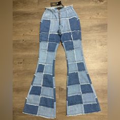 These Pants Feature A High Rise Waistline, A Front Zip Closure, Flare Leg Fit, And Patchwork Denim Design With Raw Edges. Denim Flare Pants, Patchwork Denim, My Sewing Room, Denim Patchwork, Denim Design, Denim Flares, Sewing Room, Dolls Kill, Flare Pants