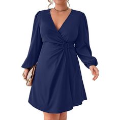 Features: This classic plus size work dress has a modest knee length and the wrap v-neck provides plenty of coverage, while still looking sexy. Regular puff long sleeve, the ruched design and attached tie at the waist is very flattering and hides a lot of imperfections in the midsection, and hugs your curves in all the right places, which make you feel more confident, the long sleeve blazer mini dress suitable for every pretty lady Plus Size Work Dresses, Plus Size Business Casual, Wrap Dress Casual, Neck Wrap Dress, Dress Casual Long, Plus Size Business, Midi Dress Navy, Midi Dress Fall, Blazer Mini Dress