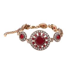 Turkish jewelry red stone charm bangle with crystal insert accents in ancient gold color. An old world design that adds character and flair to any outfit. Details Item Type: Fashion Bracelets Metal Type: Copper,Brass Plating: Gold Material: Resin,Crystal Length: 17.5+6.5cm Luxury Red Spiritual Jewelry, Gems Bracelet, Vintage Fine Jewelry, Lady Girl, Choker Pendant, Diamond Dangle Earrings, Turkish Jewelry, Gold Charm Bracelet, Bohemian Bracelets