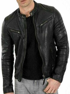 The Jacket is made of 100% Authentic Real Leather. Available in all sizes and colors. The Jacket comes with high quality hardware, Pockets and Color as per picture shown. Jacket has satin lining inside for better comfort and style. Fitted Biker Jacket, Cafe Racer Leather Jacket, Casual Leather Jacket, Lambskin Jacket, Biker Jacket Men, Racer Motorcycle, Motorcycle Jacket Mens, Biker Leather Jacket, Lambskin Leather Jacket