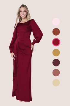 a woman in a long red dress standing next to color swatches and the image shows her