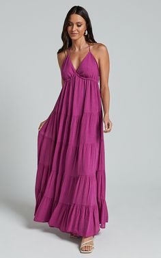 Claudia Maxi Dress - Halter Neck Low Back Empire Waist Tiered Dress in Magenta Fuschia Pink Dress, Maxi Halter Dress, Doll Clothes Ideas, Magenta Color, Fuschia Pink, Halter Neck Dress, Pink Maxi, Patchwork Dress, Halterneck Dress