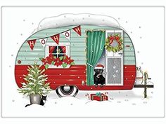 a dog is sitting in the window of an rv decorated with christmas decorations and presents