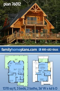 the floor plan for a log cabin home with two levels and an attached porch, is shown