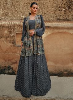 Deep Grey Jacket Style Lehenga Eugeniya Belousova, Indo Western Lehenga, Western Lehenga, Anarkali Suits Bollywood, Dress Lehenga, Indo Western Outfits, Plus Size Suits