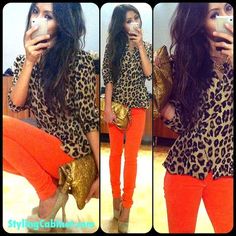 leopard + orange.... Wore this combo the other day (orange maxi skirt + leopard top)...I only wish I had MORE leopard tops... I would wear them with every color! ❤ Pantalon Naranja Outfits, Orange Maxi Skirt, Diesel Punk, Orange Pants, Leopard Print Shirt, Dieselpunk, Print Shirt, Affordable Fashion, Passion For Fashion