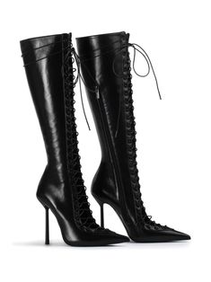 Find LE SILLA Colette 120mm Knee Boots on Editorialist. black lambskin smooth grain cut-out detailing pointed toe front lace-up fastening side zip fastening knee-length branded leather insole high stiletto heel leather sole High Black Heels, Caesar Paciotti Heels, Very High Heels Boots, Leather Dress Boots, Luxury Boots Women, Black Leather Heels Boots, Camel Shoes, Boots Ideas, Statement Boots