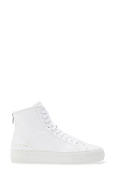 A streamlined high-top sneaker that doesn't shout, this leather kick is foil-stamped with factory ID and style codes for a look that's both sporty and smart. Style Name:Common Projects Tournament High Super Sneaker (Women). Style Number: 5636336. White High Tops, Common Projects, Foil Stamping, White White, Up Styles, Women Style, Converse Sneaker, High Top, Womens Sneakers