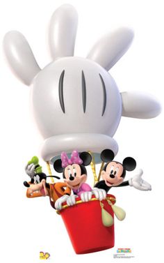 an image of mickey mouse and other characters in a bucket with balloons attached to it