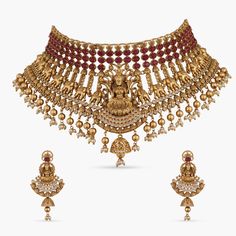 Maitreyi Antique Temple Choker Set Festive Intricate Design Temple Choker, Wedding Temple Jewelry Metal Choker, Festive Intricate Temple Necklace Choker, Gold Temple Necklace With Intricate Choker Design, Gold Metal Temple Jewelry Choker, Gold Bridal Necklace, Goddess Lakshmi, Choker Set, Drop Beads