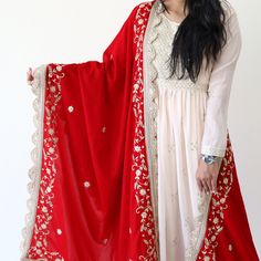 "Indian Ethnic Zardosi Hand Embroidery Red Velvet Classic Wedding Shawl, Beautiful Designed Dupatta Complement your outfit with this Royal Velvet Shawl. This is a very easy to style shawl and it can be paired with any top, blouse, dress, or any other thing, no doubt you'll stand out from the crowd. Dimension : 40\" X 90\" (100cm X 225 cm) approx. Care Instructions:  Dry Clean." Shawl Designs Indian, White Dress With Red Dupatta, Embroidered Chinon Kurta For Wedding, Long Dupatta With Intricate Embroidery For Diwali, Embroidered Long Lehenga For Diwali, Diwali Embroidered Long Lehenga, Long Embroidered Lehenga For Diwali, Diwali Long Dupatta With Intricate Embroidery, Embroidered Long Dupatta For Eid