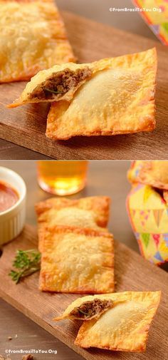 three different views of some food on a cutting board with dipping sauce in the background