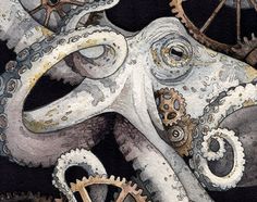 an octopus with gears in it's body is depicted on a black and white background