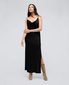 This maxi dress from Kenneth Cole is a must-have for any fashion-forward woman. Crafted from luxurious satin, it drapes beautifully, providing a figure-flattering silhouette. The cowl neck adds a touch of elegance, while the sleeveless design keeps you cool and comfortable. This dress can be dressed up or down to suit any event. | Kenneth Cole Women's Satin Cowl Neck Maxi Slip Dress, Black Slip Dress Black, Neckline Slimmer, Cashmere Outfits, Perfect White Tee, Maxi Slip Dress, Satin Maxi, Satin Slip, Satin Slip Dress, Cowl Neckline