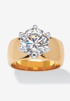 a yellow gold ring with a round brilliant diamond in the center, on a white background