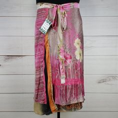 Nwt Darn Good Yarn Brand Recycled Sari Silk Wrap Skirt. Reclaimed Material From Used Saris. Tea Length (Approx. 34 In. Long). Dgy Size Goddess (Us Size 14-32). Reclaimed Material Means Flaws (Stains, Holes, Ink Errors, Thread Pulls, Etc.) Are Common And Expected! I List What I See, But May Miss Some. White Maker's Mark At Edge, Several Areas Of Pinholes, Large Stain, Small Area Of Damage + Repair, Tiny Hole On Overskirt. Several Thread Pulls, Thread Separations, Several Small Stains On Underskir Casual Fitted Pink Wrap Skirt, Bohemian Pink Wrap Skirt For Summer, Pink Relaxed Wrap Skirt For Summer, Pink Mini Wrap Skirt For Spring, Pink Asymmetrical Skirt For Summer, Bohemian Pink Skirt Bottoms, Pink Asymmetrical Lined Skirt, Bohemian Skirted Bottoms In Pink, Fitted Pink Wrap Skirt With Lining