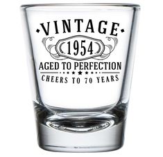 an old fashioned shot glass with the words vintage aged to perfection