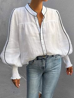 Shomiz Blouses, Urban Shirt, Buy Blouse, Stand Collar Blouse, Fashion Black And White, Loose Long Sleeve, Solid Color Shirt, Color Shirt