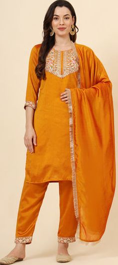 Yellow color Salwar Kameez in Silk fabric with Embroidered, Thread, Zari work Festive Dola Silk Kurta With Embroidered Border, Wedding Palazzo Set With Embroidered Border For Diwali, Wedding Palazzo Set With Embroidered Border In Art Silk, Wedding Palazzo Set With Embroidered Border For Festivals, Diwali Art Silk Palazzo Set With Embroidered Border, Art Silk Churidar With Embroidered Border, Festive Dola Silk Churidar With Embroidered Border, Diwali Embroidered Straight Kurta Churidar, Festive Churidar With Embroidered Border Straight Kurta