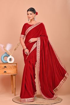 Sizing/Fit - Free Size Material/Color - Velvet Technique - Embroidery. Care Instruction - Hand Wash with Cold Water. Use Mild Detergents. Don't Rub or Srub Hardly. Do not Wring & Hang to Dry. Product Dimensions - 5.5mtrs & 1mtr Blouse Check out our other sarees from this section. Here's the link. https://etsy.me/3xIIudr Check out more products from our store. Here's a link. https://etsy.me/3RHCvwv Customization Available for extra charges. Our Sarees are Handmade and Made on order only. It may take few days to make the saree after your order. Please allow the processing time. Saree Velvet, Saree For Party, Saree For Wedding, Party Saree, Ethnic Saree, Velvet Embroidery, Character Wardrobe, Wedding Red, Party Sarees