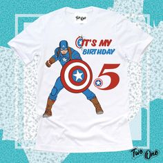 a captain america birthday shirt with an image of the character in the center and text that says, it's my birthday