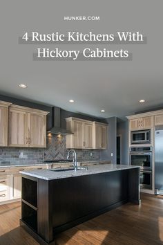 a kitchen with wooden floors and cabinets in the center is an island that has granite counter tops