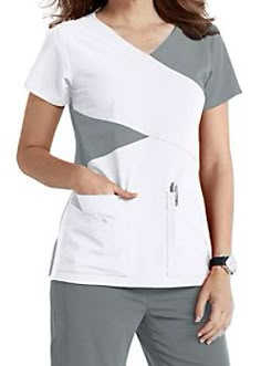 Grey's Anatomy Signature 4 Pocket Mock Wrap Color Block Scrub Tops Scrubs Uniform Fashion, Dental Uniforms, Nurse Betty, Nurse Outfit Scrubs, Medical Scrubs Fashion, Medical Scrubs Outfit, Medical Fashion