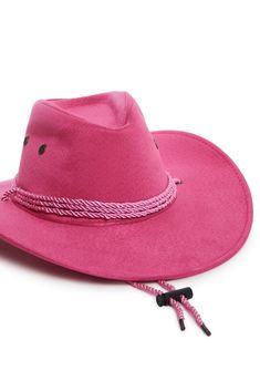 giddy up! This cowboy hat has braided trim details, a wide upturned brim, and adjustable straps beneath the chin. Pink Brimmed Felt Hat For Country Events, Pink Country Style Hat For Ranch, Pink Curved Brim Hat For Ranch, Country Style Pink Hat For Ranch, Pink Country-style Hat For Ranch, Pink Western Felt Hat For Rodeo, Pink Western Hat For Ranch, Pink Short Brim Straw Hat For Rodeo, Pink Western Style Sun Hat For Festivals