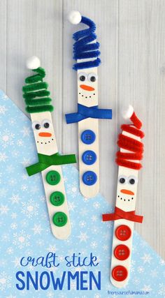 three snowmen made out of popsicle sticks with the words craft stick snowmen on them