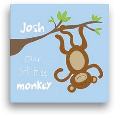 a monkey hanging from a tree branch with the words, joshua our little monkey