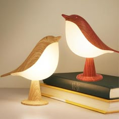 two wooden birds sitting on top of a book next to an illuminated lamp that is shaped like a bird