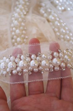 pearl bead sash trim with rhinestones, rhinestone and pearl bead trimming on sale hot selling Flowers Applique, Applique Lace, Embellishment Diy, Motifs Perler, Bead Embroidery Patterns, Pearl And Lace, Bridal Sash, Wedding Belts, Rhinestone Trim