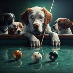 three dogs are looking over a pool table with cues and balls in front of them