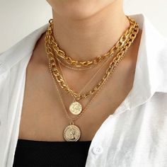 Thick Chain Necklace, Big Necklace, Lock Necklace, Coin Pendant Necklace, Multi Layer Necklace, Round Necklace, Gold Necklace Set, Trendy Necklaces, Long Pendant Necklace