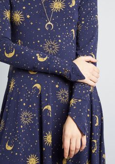 Celestial Moodboard, Yachiyo Nanami, Blue Star Dress, Celestial Outfit, Navy Dress Outfits, Navy Dress Outfit, Moon Outfit, Black Dress Outfit Casual, Celestial Dress