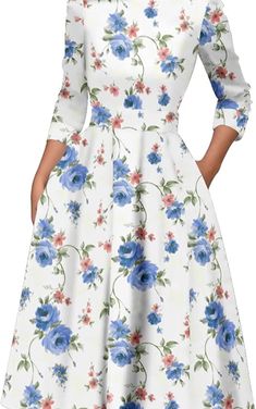 Women's Floral Vintage Dress Elegant Midi Evening Dress 3/4 Sleeves Women Vacation